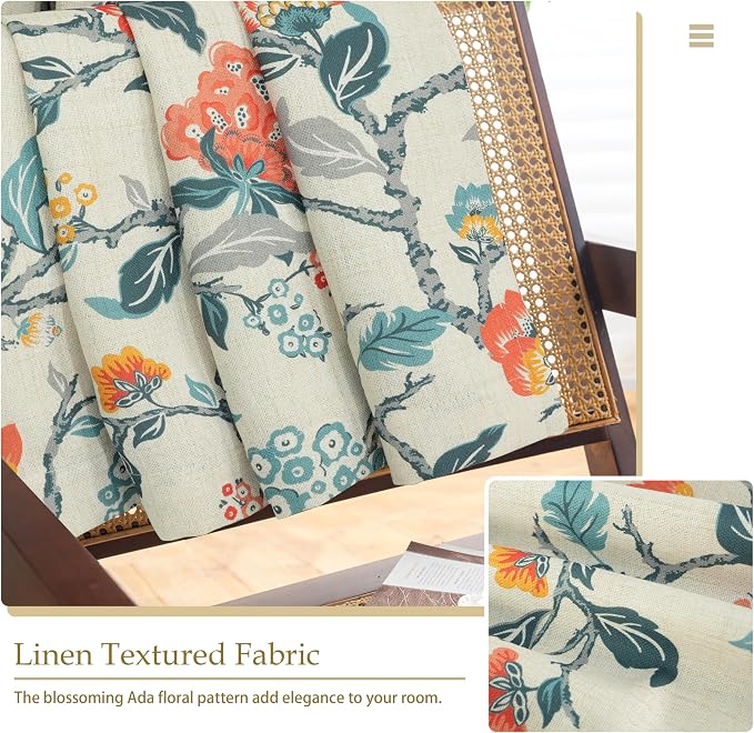 DriftAway Ada Floral Botanical Print Flower Leaf Lined Thermal Insulated Room Darkening Blackout Window Curtains 2 Layers Set of 2 Panels Each 52 Inch by 84 Inch Linen Orange Teal