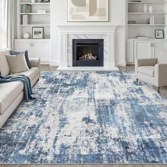 9x12 Area Rugs Living Room: Washable Large Neutral Rug Abstract Soft Modern Stain Resistant Indoor Floor Non-Slip Carpet for Bedroom Nursery Kids Office Playroom Dining Room Under Table- Navy Gray