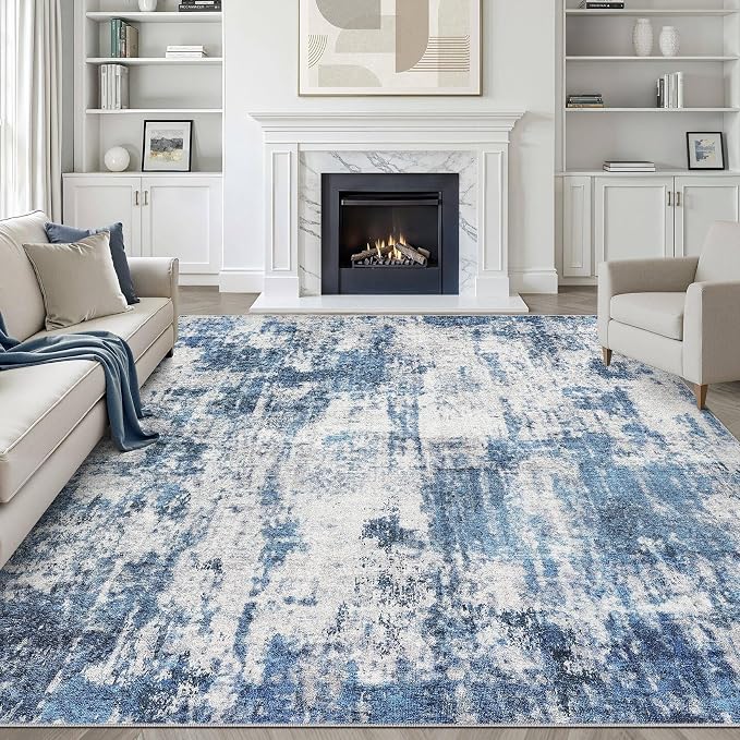 10x12 Area Rug Living Room: Washable Large Neutral Rug Abstract Soft Modern Stain Resistant Indoor Floor Non-Slip Carpet for Bedroom Nursery Kids Office Playroom Dining Room Under Table- Navy Gray
