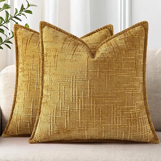 decorUhome Chenille Throw Pillow Covers 22x22 Set of 2, Soft Textured Slubby Modern Decorative Pillow Covers with Elegant Design for Couch, Sofa, Living Room, Mustard Yellow