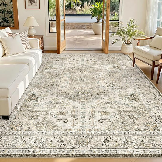 Madane 6x9 Area Rugs for Living Room, Vintage Washable Rug, Ivory/Brown | Stain Resistant Floor Carpet With Non-Slip Backing For Bedroom, Dining Bedroom And Office, Soft Low-Pile Home Decor Mat