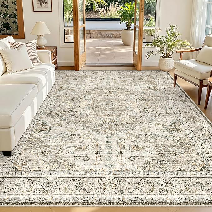 Madane 5x7 Area Rugs for Living Room, Non-Slip Washable Rug, Ivory/Brown | Ultra-Thin Stain Resistant Vintage Large 5'X7' Carpet, Low-Pile Floor Mat For Bedroom Dining Room Office Home Decor