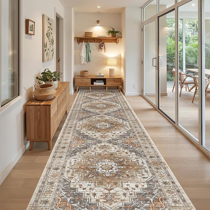 Madane Hallway Runner Rug 3x16 Washable Kitchen Runners Long, Turmeric/Grey | Vintage Non-Slip Wide Area Rugs 16ft for Entryway, Soft Thin Low-Pile Farmhouse Indoor Floor Carpet for Living Room Bedroom