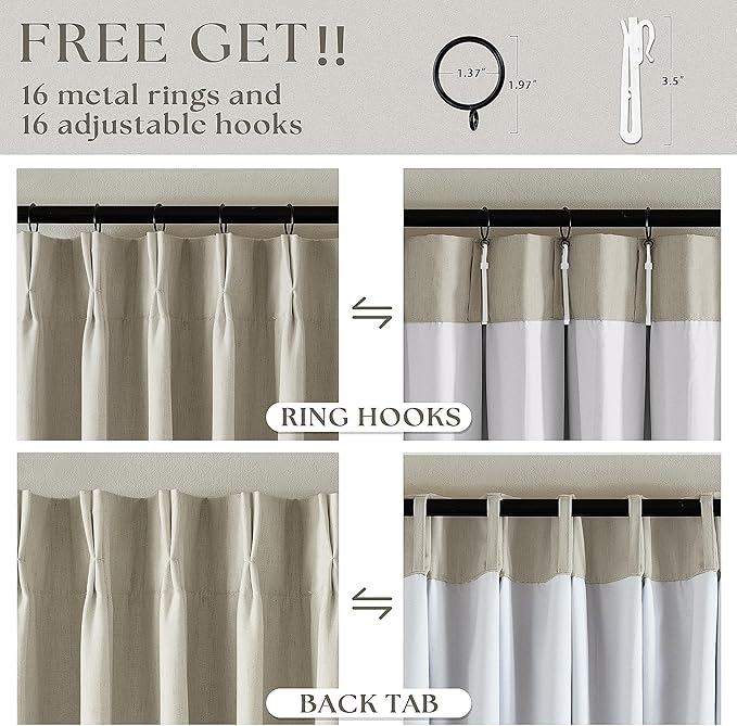 Beige Pleated Linen Blackout Curtains 102 Inches Long for Bedroom Living Room Pinch Pleat Black Out Thermal Insulated Ring Hooks Room Darkening Drapes Oatmeal Light Tan Curtains with Liner 40x102