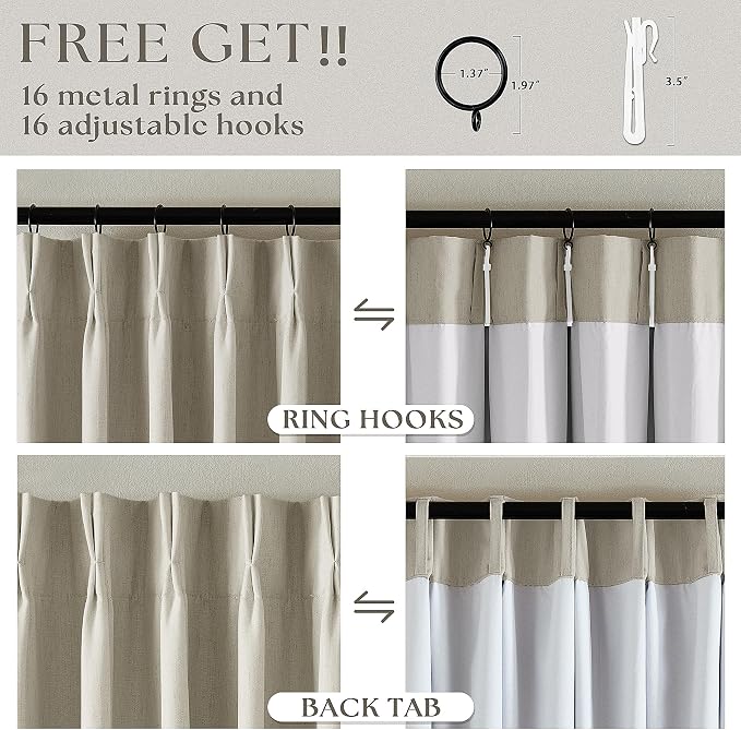 Oatmeal Pinch Pleated Full Blackout Curtains Linen Blend Room Darkening Window Curtains 105 Inch for Living Room Bedroom Thermal Insulated Back Tab Pinch Pleat Drapes with Hooks Rings 2 Panels