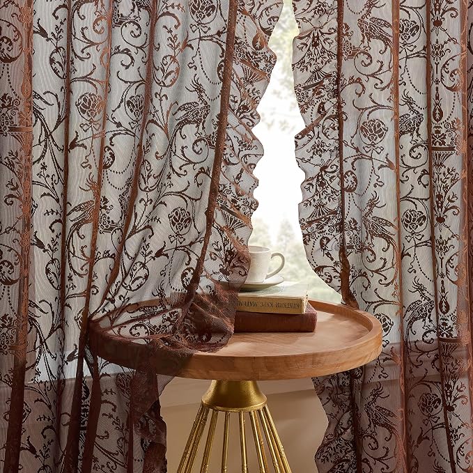 TUDECO Brown Floral Curains 72 Inch Length 2 Panles, French Country Chocolate Curtains for Bedroom Hallway, Rod Pocket Light Filtering Pivacy, Ruffle Vintage House Decor, 59W x 72L Inch, Coffee Brown
