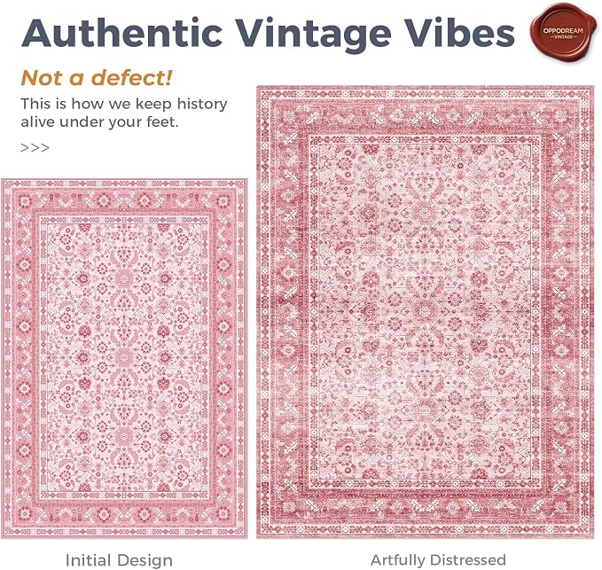 OPPODREAM Vintage Pink 2x12 Runner Rug, 2 x 12 Retro Washable Rug Non Slip, Low-Pile Faux Wool Carpet, Distressed Floor Mat for Kitchen, Hallway, Entry-Way, Entrance, Indoor Back Door