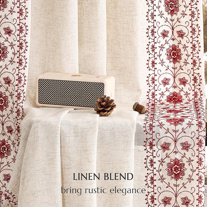 jinchan Boho Curtains for Bedroom Red Vintage Floral Farmhouse Curtains 84 Inches Long Linen Blend Drapes for Living Room Embroidered Light Filtering Drapes Rod Pocket Red on Beige 2 Panels