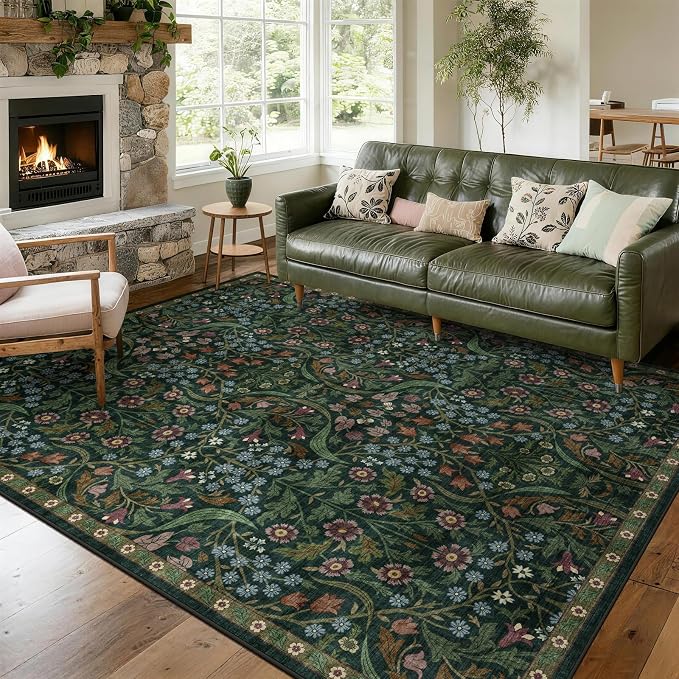 8x10 Washable Area Rug for Living Room, Green Floral Non-Slip Non-Shedding & Easy Care Soft Low Pile Forest Boho Indoor Floor Carpet for Living Room Bedroom Farmhouse Dining Room Kids Playroom