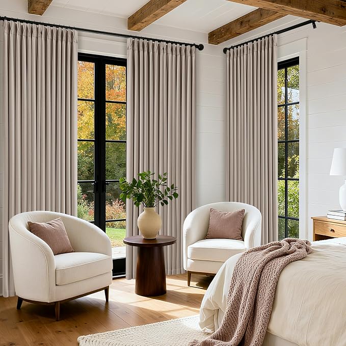 100% Blackout Linen 126 Inch Curtains 2 Panel Set for Bedroom Modern Pinch Pleated Linen Burlywood Birch Insulated Heavy Curtain 40 x 126 Inches Length Sliding Glass Door Room Darkening Drapes