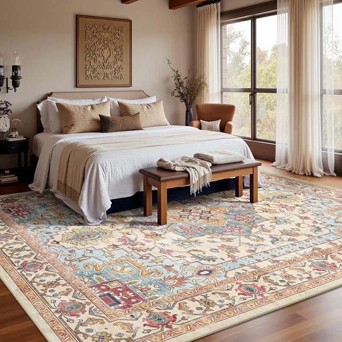 8x10 Area Rugs for Living Room - Washable Rug Vintage Distress Boho Medallion Rugs for Bedroom, Soft Non-Slip Backing Low Pile Carpet for Dining Room Office Nursery Home, Vintage Orange
