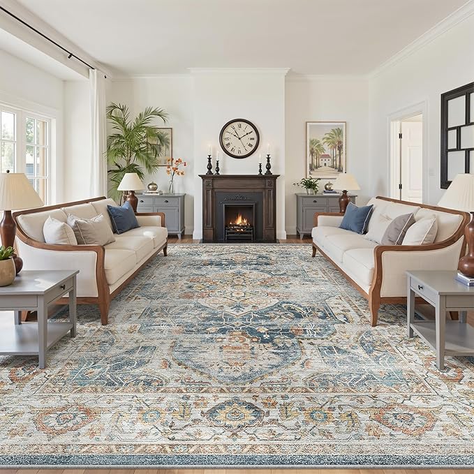 befbee 10x14 Area Rugs,Ultra-Thin Washable Rugs for Living Room,Non-Slip Lightweight Foldable Area Rug,Stain Resistant Vintage Large Rugs (Navy,10'x14')