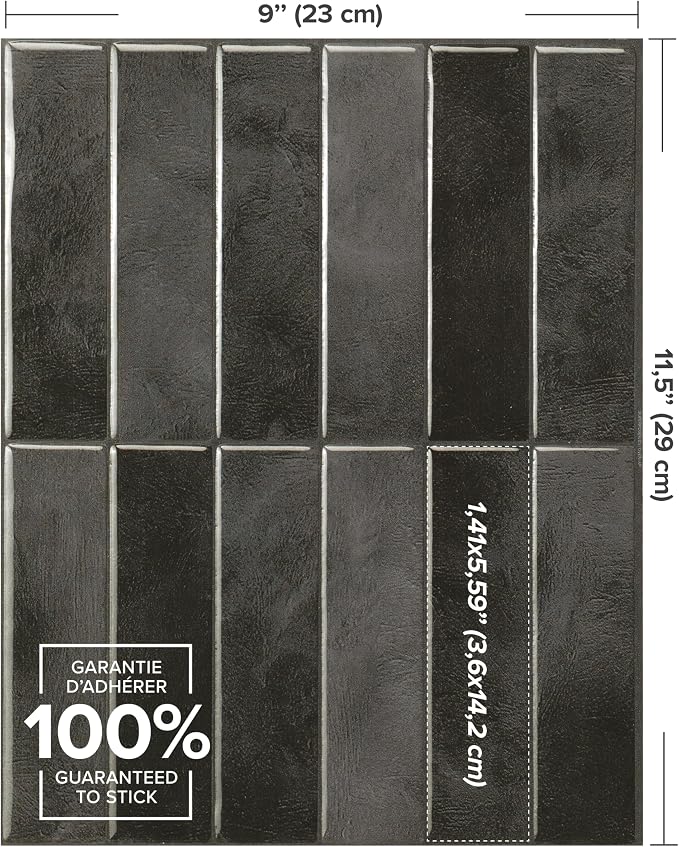 Smart Tiles Peel and Stick backsplash, Stacked Graphite Black, 11.43"x9" | Pack of 5 (3.5 sq ft), Glossy, Heat/Moisture Resistant, Low VOC, Kitchen/Bathroom, Renter Friendly, Made in Canada