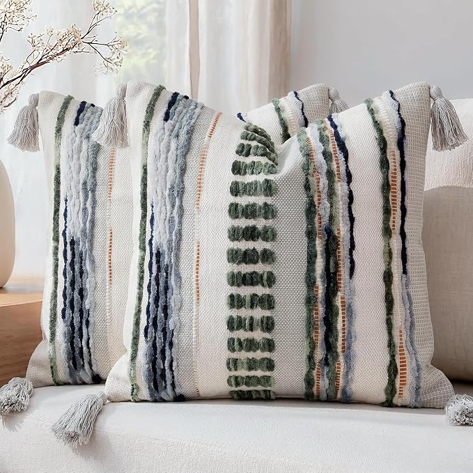 NUYECY Boho Throw Pillow Covers 18x18 Aesthetic Neutral Boucle Couch Pillow Cover Rainbow Striped Decorative Accent Pillow Case for Couch Bed Sofa Farmhouse Bedroom,Modern Funky,Set of 2 Sage Green