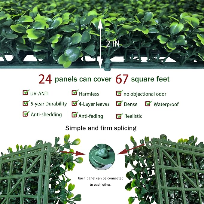 ODTORY Artificial Grass Wall Backdrop Panels, 20X20 in 24P (67 sqft) | UV-Anti, Faux Boxwood Hedge Fence, 4-Layer Leaves, Garden/Backyard/Balcony Privacy Screen, Indoor Outdoor Wall Decor