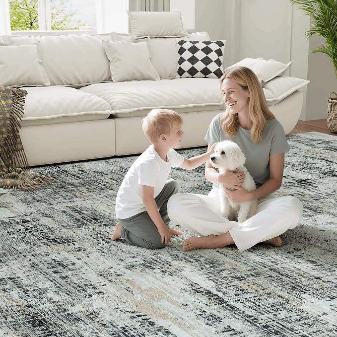 10x14 Area Rugs for Living Room Washable Rug: Anti-Skid Abstract Modern Living Room Rug Soft Thin Carpets Indoor Floor Non-Shedding Carpet for Bedroom Dining Farmhouse Nursery Black Gray Gold