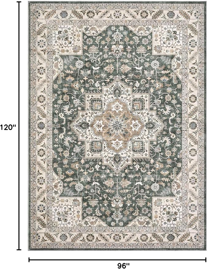 Vintage Living Room Area Rug 8x10 - Large Soft Washable Oriental Traditional Distressed Farmhouse Rugs for Bedroom - Indoor Floor Accent Carpet for Home Office House Decor - Vintage Green