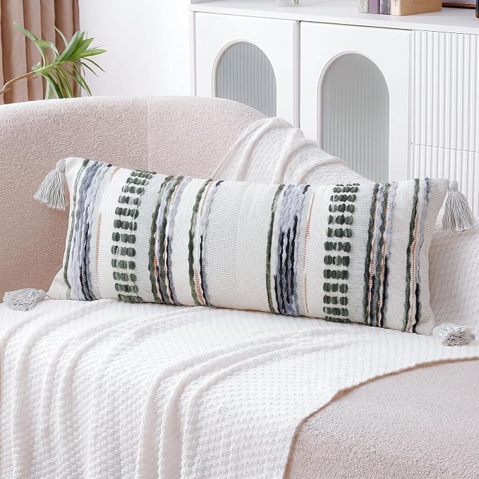 NUYECY Chenille and Cotton Long Pillow for Bed, Striped Textured Boho Lumbar Throw Pillow Cover 12x36, Neutral Accent Decorative Extra Long Body Pillow Case for Couch, Sofa, Bedroom, Sage Green