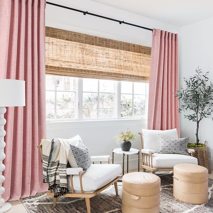 RYB HOME Living Room and Bedroom Curtains and Drapes Linen Sheer, Light Filtering Curtains 84 inches Long, Back Tab/Rod Pocket, Peach Blush, W 52 x L 84 inches, 2 Panels Set