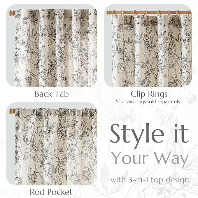 jinchan Floral Curtains 96 Inches Long Black Flower Linen Farmhouse Curtain for Living Room French Country Vintage Curtain Rod Pocket Curtains Set 2 Panels Balck Floral Printed