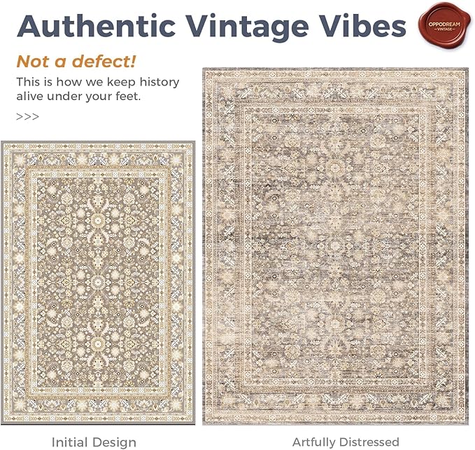 OPPODREAM Vintage Beige Area Rugs 10x14, 10 x 14 Retro Washable Rug Non Slip, Low-Pile Faux Wool Carpet, Distressed Tan Floor Mat for Living Room, Bedroom, Office, Dorm, Dinning Room, Big & Large