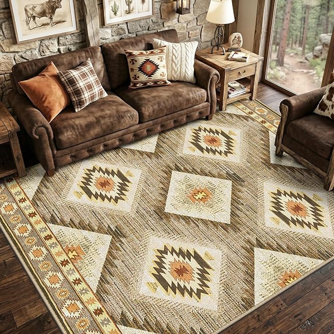 Area Rug 5x7 Rug Machine Washable Non-Slip Low Pile Print Pattern Western Rug for Living Room Bedroom Entryway Tribal Series -Cream/Camel