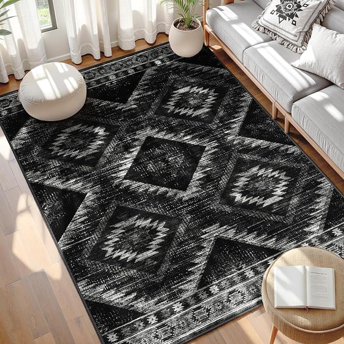 BESTSWEETIE Area Rug 5x7 Rug Machine Washable Non-Slip Low Pile Print Pattern Western Rug for Living Room Bedroom Entryway Tribal Series -Black