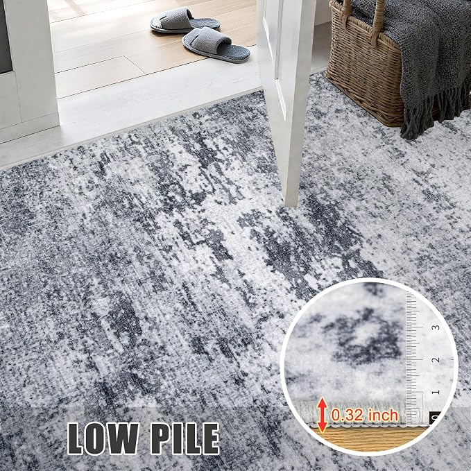 Washable Area Rug 3x8 Entryway Rug: Washable Modern Abstract Soft Thin Rug Indoor Floor No Slip Stain Resistant Carpet for Bedroom Dining Room Farmhouse Nursery Home Office - Grey