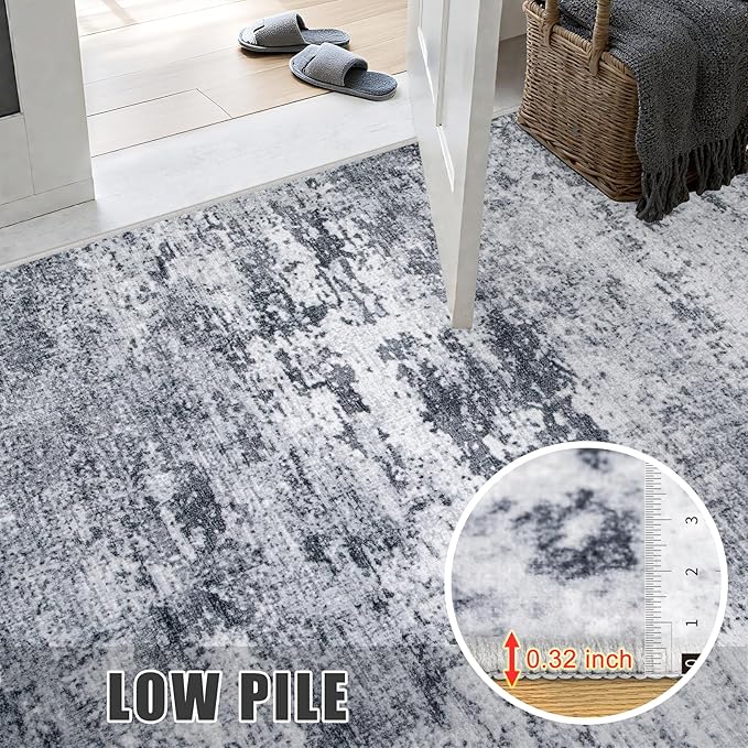 Washable Area Rug 3x10 Entryway Rug: Washable Modern Abstract Soft Thin Rug Indoor Floor No Slip Stain Resistant Carpet for Bedroom Dining Room Farmhouse Nursery Home Office - Grey