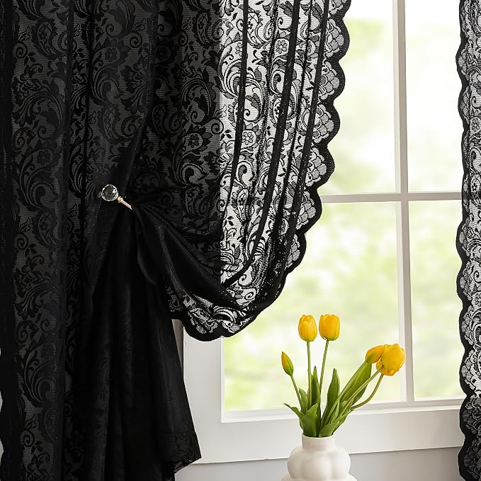 ALIGOGO Black Curtains 90 Inches Long 2 Panels - 70s Old House Sheer Lace Curtains for Dining Room Home Office, Gothic Victorian Drapes Rod Pocket Privacy Halloween Decor, 52 x 90 Inch