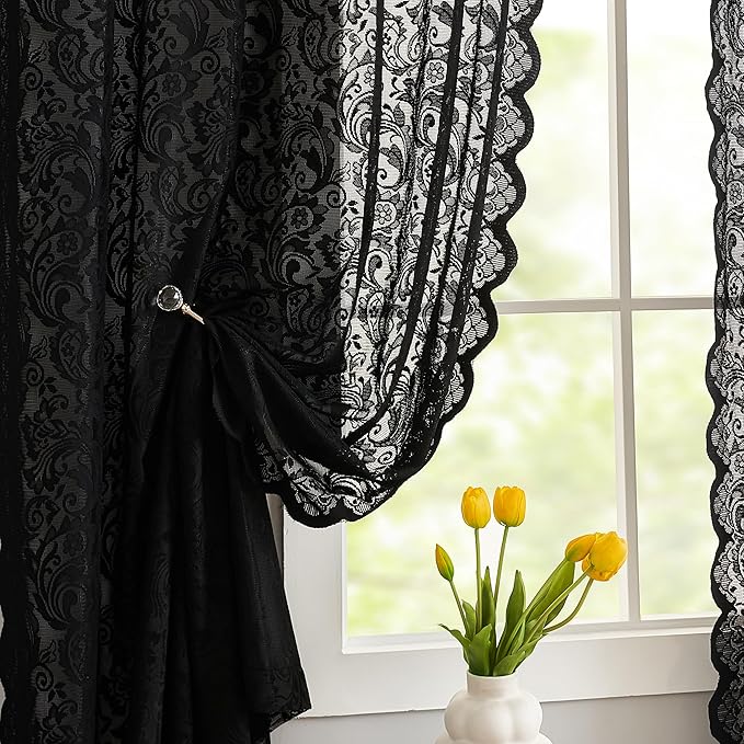 ALIGOGO Black Lace Curtains Short 54 Inch Length - Gothic Sheer Dark Floral Lace Kitchen Curtains 2 Panels, Vintage Moody Skull Spooky Rod Pocket Privacy Saclloped Halloween Decor, 52 x 54 Inch