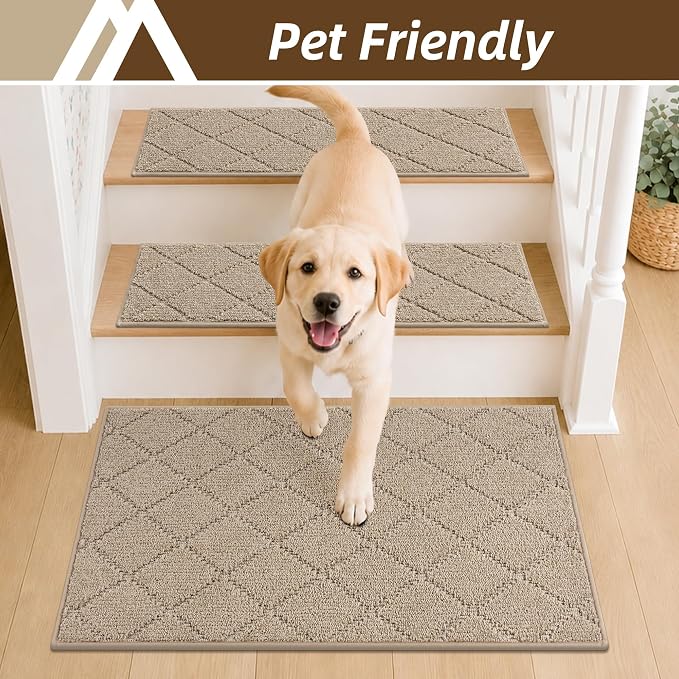 COSY HOMEER Stair Landing Rug Non-Slip 20"x32" Stair Treads for Wooden Steps,Washable Peel and Stick Stair Treads Matching Mats,Pet Friendly Soft Reusable Stair Landing Mat for Kids and Elders,Beige