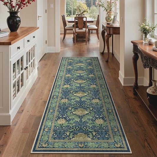 Bavni 2'6''x8 Runner Rug,Microfiber Washable Non-Slip Vintage Floral Rugs,Low Pile Lightweight Carpet for Bedroom,Hallway,Entryway,Kitchen,Bathroom, Tea Green/Blue