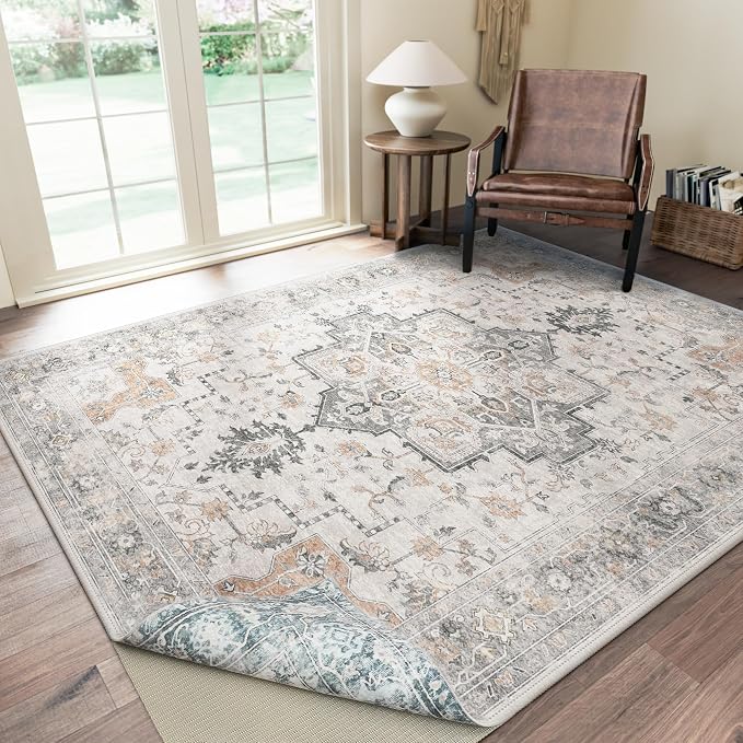 GENIMO 6x9 Reversible Area Rugs for Living Room, Machine Washable Rug with Pad, Non Slip Vintage Rug, Low Pile Lightweight Print Carpet for Bedroom Dining Room Home Office, Taupe & Blue