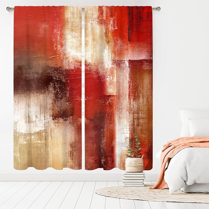 MESHELLY Abstract Red Curtains 42Wx63H Inch Rod Pocket Rustic Burgundy Brown Blocks Oil Painting Farmhouse Bedroom Window Drapes Modern Aesthetic Printed Living Room Window Treatment