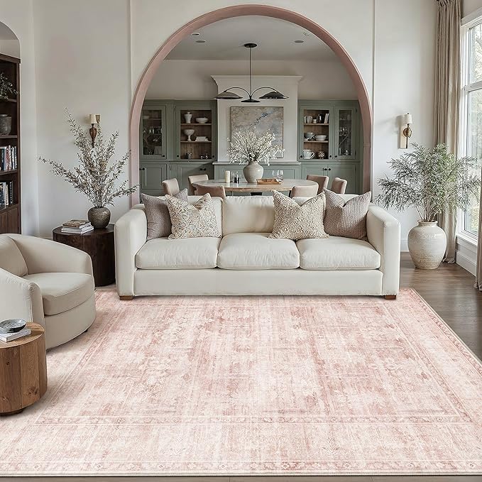 HUGEAR Retro 5x7 Washable Area Rugs Pink Nursery Living Room Bedroom Rug Vintage Distressed Throw Carpet Neutral Stain Resistant Non Slip Low Pile Playroom Kidsroom Home Aesthetic Decor