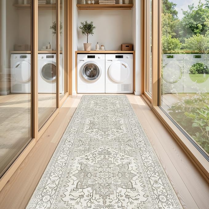Washable 2x5 Hallway Runner Rug,Vintage Kitchen Entryway Rug Ultra Soft Living Room Bedroom Carpet with Non Slip Backing Indoor Low Pile Floor Mat for Bathroom Dining Room(2'x5',Beige)