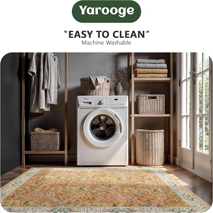 6x9 Area Rugs, Washable Floral Area Rugs for Living Room, Indoor Area Rug for Bedroom, Dining Room, Low Pile Non-Slip Non Shedding Rug(Orange Floral)