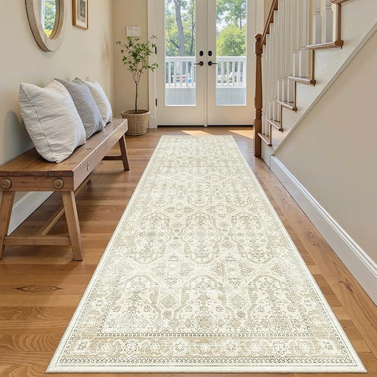 Soalmost Washable Runner Rug, 2'6" x 8' Non-Slip Kitchen Vintage Foldable 2.5x8ft Hallway Runners for Entryway, Laundry, Bedroom, Beige/Brown