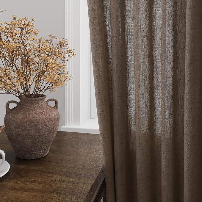 Light Brown Linen Curtains 84 Inches Long for Bedroom Back Tab Light Filtering Privacy Semi Sheer Curtains Modern Farmhouse Decor Light Brown Cotton Textured Curtain for Living Room 2 Panels 52x84