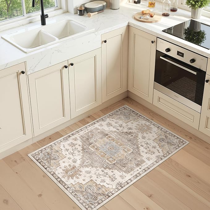 2x3 Entryway Rug Washable Area Rug 2x3, Small Non-Slip Vintage Door Mat, Low Pile Floor Carpet for Bedroom Kitchen Entry(2'x 3',Brown)
