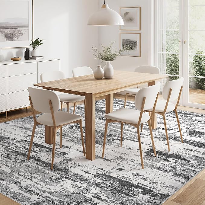 Area Rugs for Living Room: 9x13 Abstract Washable Rug Modern Neutral Large Soft Stain Resistant Non-Slip Backing Machine Table for Bedroom Dining Room Indoor Home Office Carpet - Black Grey
