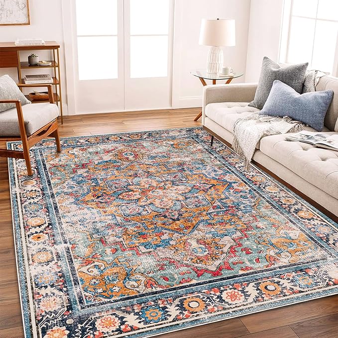 CHAMPLANT Washable Area Rug 10'x14' Boho Chic Medallion Distressed Design Non-Shedding Easy Care Ideal for High Traffic Areas in Living Room Bedroom Office Coffee Table Large Carpet