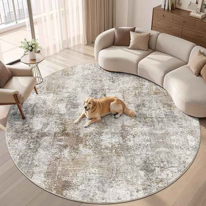 WITSHOCK Area Rugs 8ft Round Living Room Rug - Washable Neutral Soft Low Pile Non-Slip Modern Abstract Thin Large Indoor Carpet for Bedroom Dining Room Nursery Office - Light Brown Grey