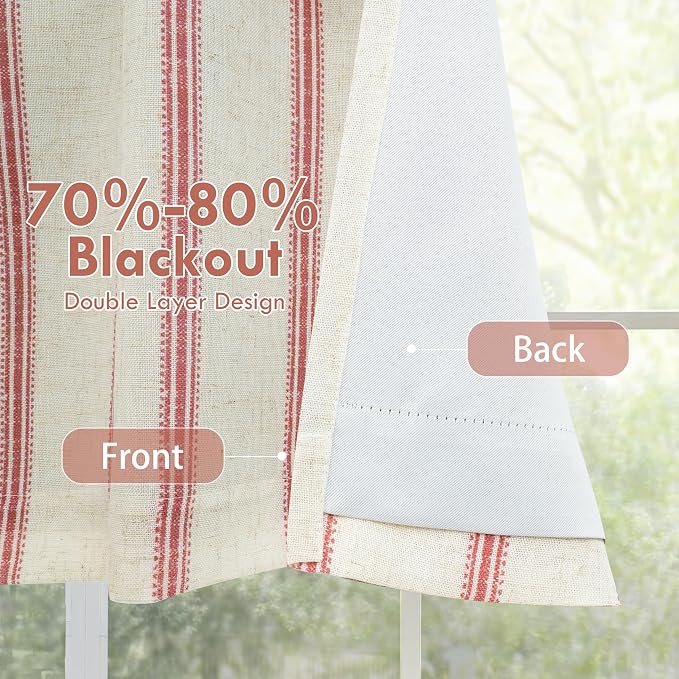 DriftAway Farmhouse Linen Lined Valance Double Layer Thermal Insulated Room Darkening Blackout Window Valances 3 Inch Rod Pocket Vertical Striped Kitchen Valance for Bathroom Single 52 x 18 Inch Red