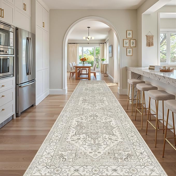 Madane Hallway Runner Rug 3x16 Washable Kitchen Runners Long, Beige/Brown | Vintage Non-Slip Wide Area Rugs 16ft for Entryway, Soft Thin Low-Pile Farmhouse Indoor Floor Carpet for Living Room Bedroom