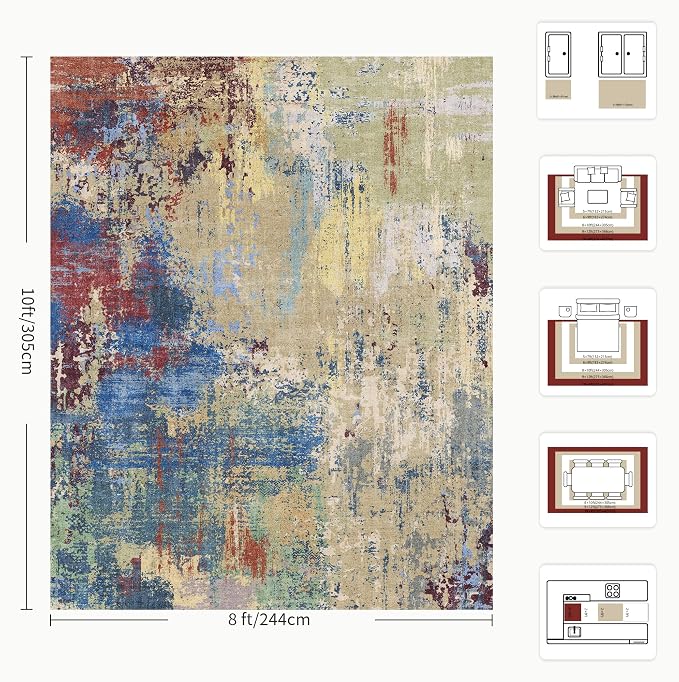 8x10 Rugs for Living Room - Modern Abstract Washable Rug, Ultra Soft Non Slip Low Pile Large Rugs, Floor Carpet for Bedroom Dining Room Office Laundry Nursery Home(Multi-Colorful)