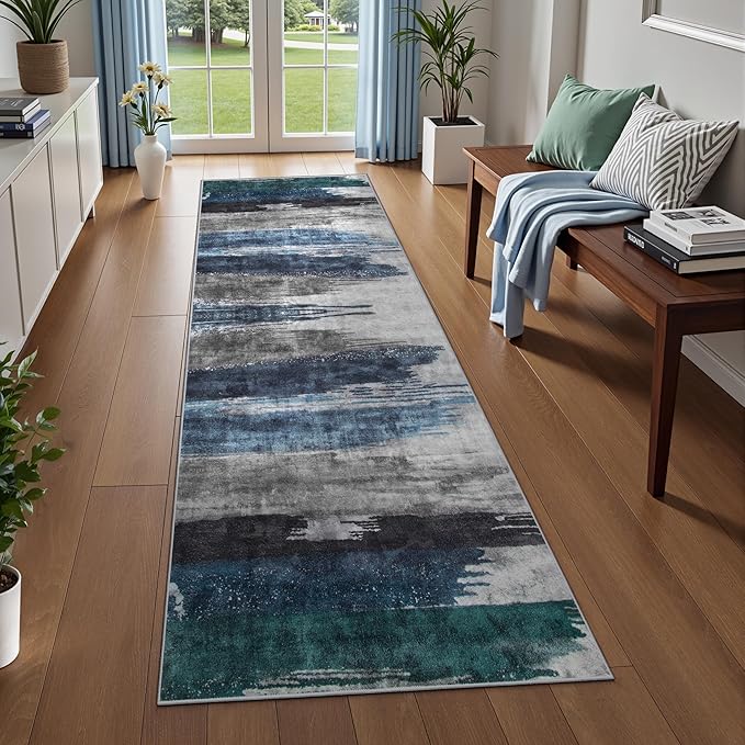 Ciicool 2x5 Washable Runner Rug, Modern Abstract Hallway Rugs Runner, Non-Slip Thin Accent Rug Lightweight Navy Grey Print Distressed Carpet for Laundry Entryway Bedroom Kitchen Bathroom Indoor