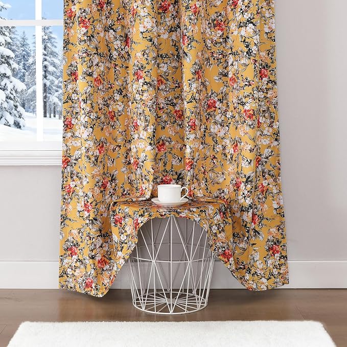 Estelar Textiler Mustard Yellow Velvet Blackout Curtains for Bedroom 84 Inches Long, Boho Floral Printed Thermal Insulated Room Darkening Grommet Drapes for Living Room/Farmhouse, 52Wx84L, 2 Panels