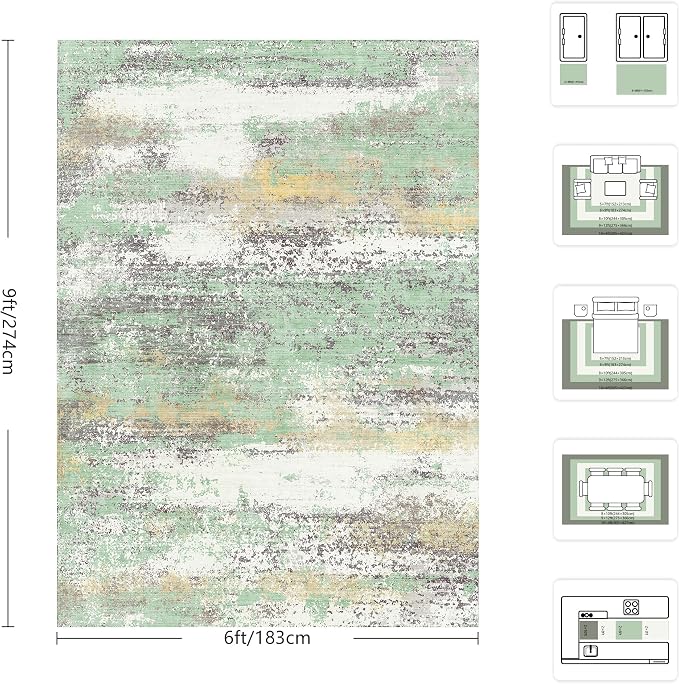 6x9 Area Rugs, Abstract Modern Ultra Soft Washable Rug, Non Slip Carpet with Rubber Back Stain Resistance Rugs for Living Room, Bedroom, Dining Room Decor(Light Green/Cream)